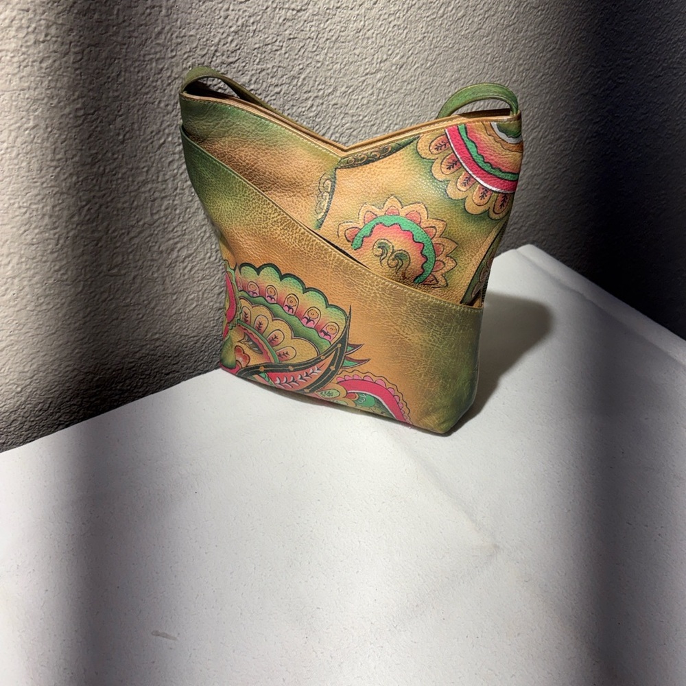 Anuschka Green and Tan Floral-Print Shoulder Bag with Pink Accents